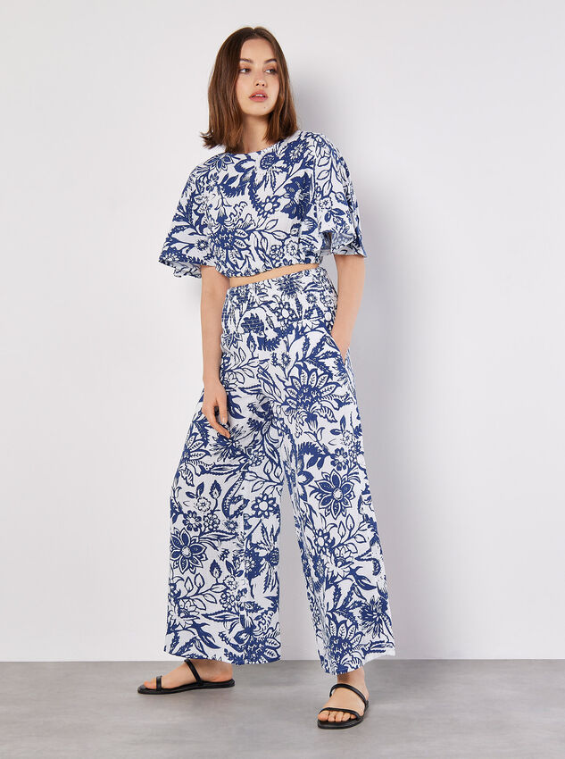 Cotton Floral Print Palazzo Trousers, Blue, large