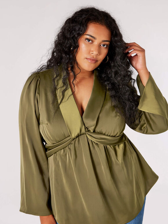 Curve Satin Twist Knot Top, Khaki, large