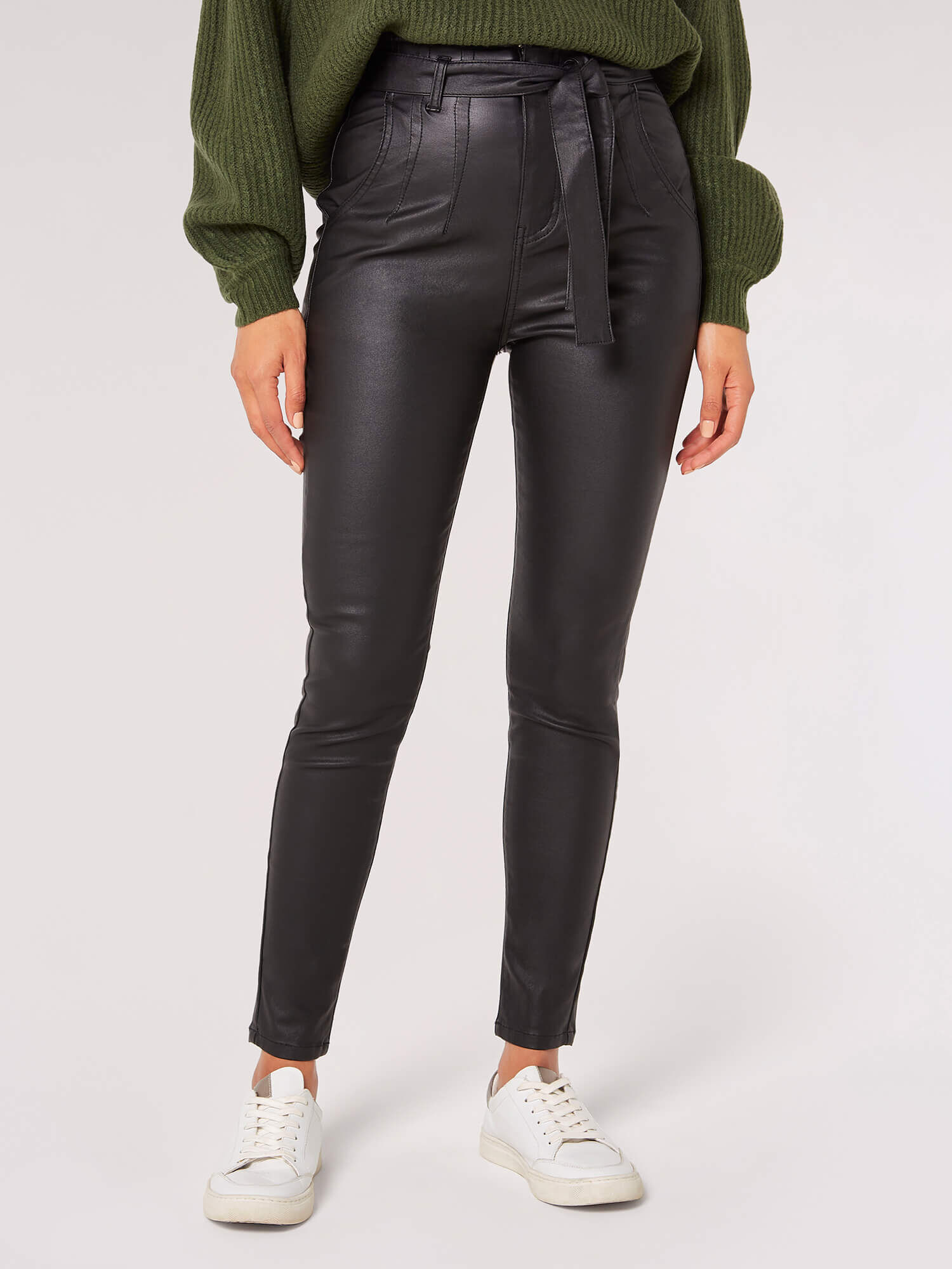AX Paris Black Faux Leather Straight Leg Belted Trousers | very.co.uk
