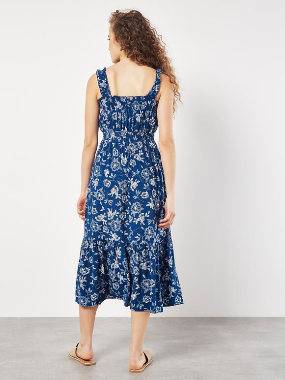 Floral Silhouette Smocked Midi Dress, Blue, large