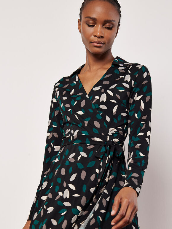 Leaf Print Wrap Mini Dress, Black, large