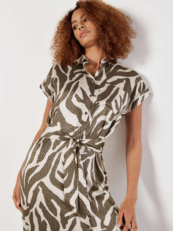 Textured Satin Zebra Print Midi Dress, Khaki, large