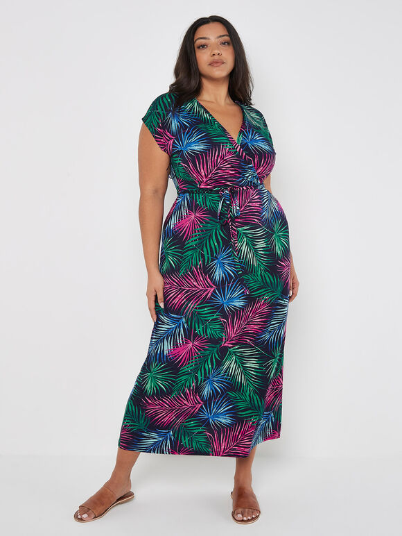 Curve Tropical Palm Wrap Maxi Dress, Navy, large