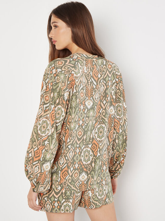 Ikat Print Oversized Blouse, Khaki, large