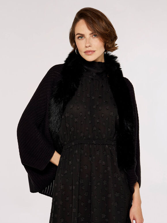 Faux Fur Trim Cocoon Shrug, Black, large