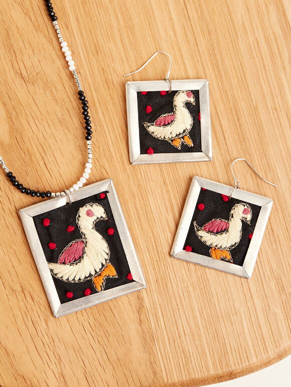 Silver Tone Embroidered Bird Beaded Necklace, Assorted, large