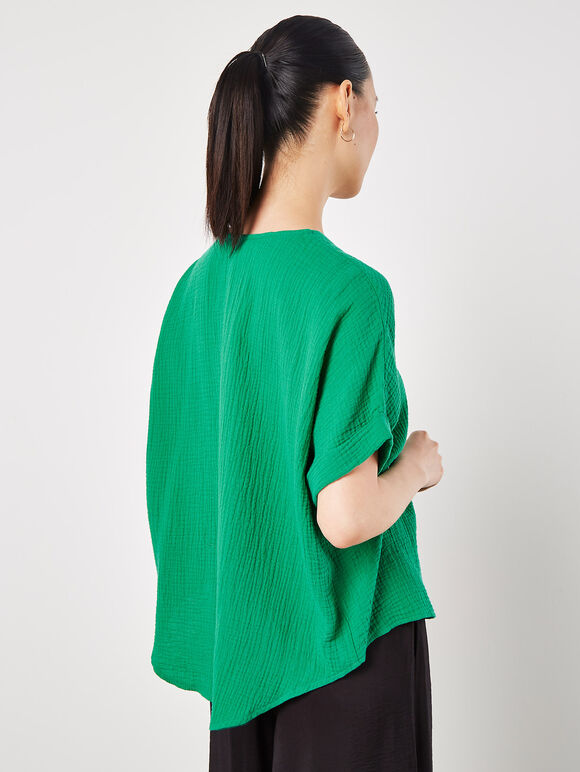 Textured Cotton Pleat Front Top, Green, large