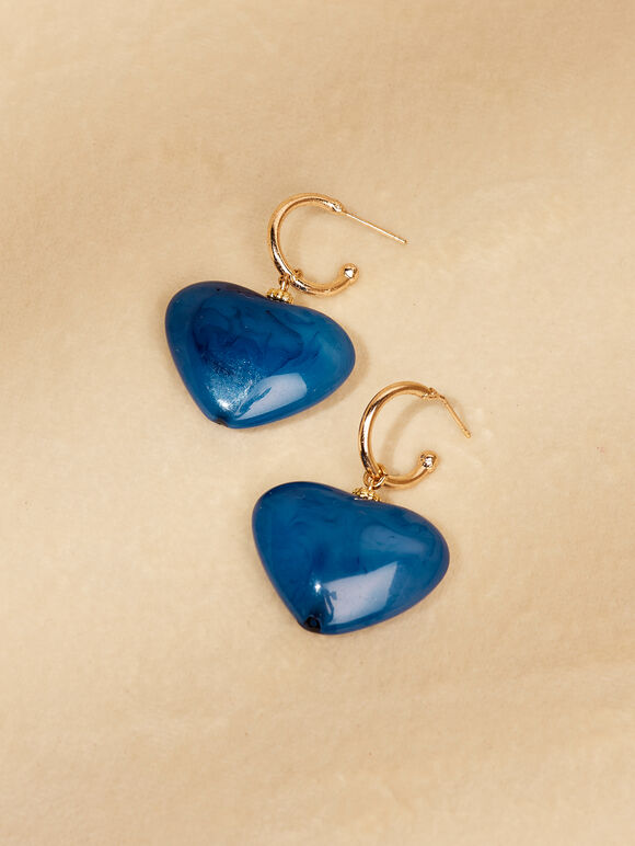 Gold Tone Heart Hoop Earrings, Blue, large