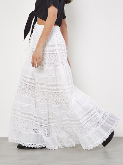 Cotton Crochet Lace Tiered Maxi Skirt