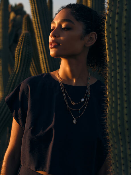 Gold Tone Layered Stone & Shell Necklace