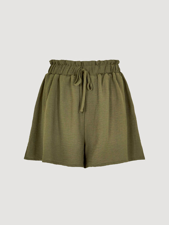 Textured Paperbag Shorts, Khaki, large