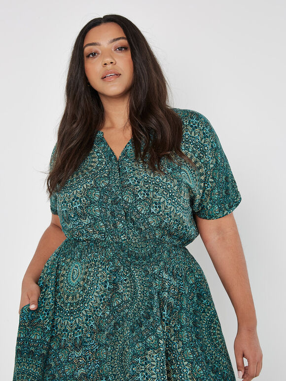 Curve Moroccan Mandala Midi Dress, Green, large