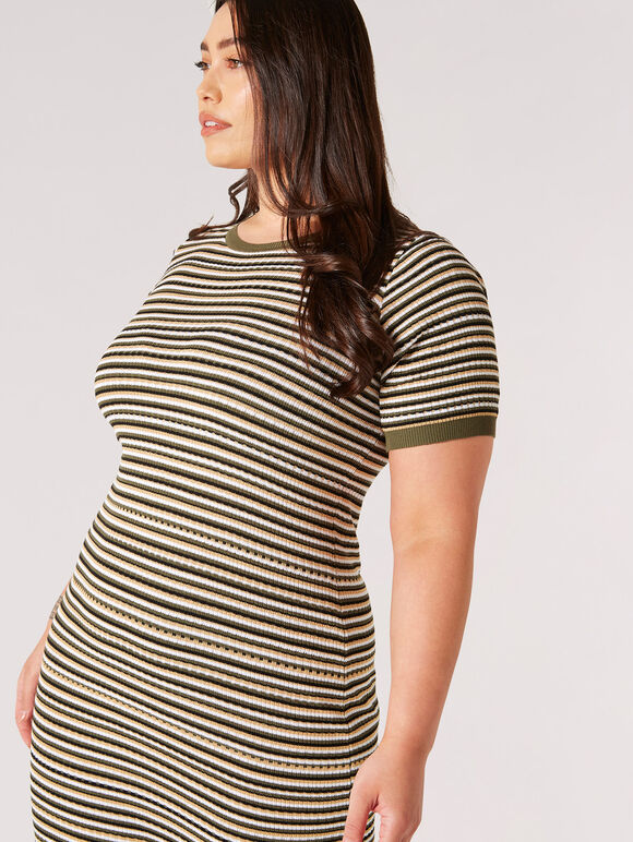 Curve Stripe Knit Midi Dress, Khaki, large