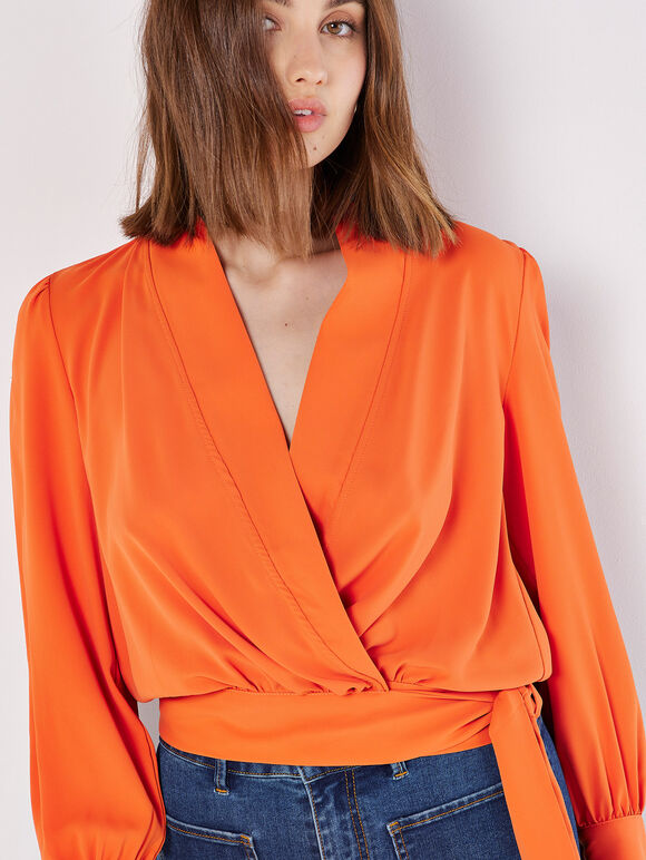 Soft Twill Wrap Top, Orange, large