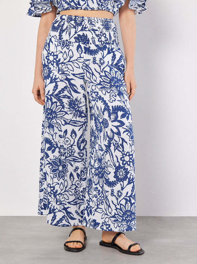 Cotton Floral Print Palazzo Trousers, Blue, large