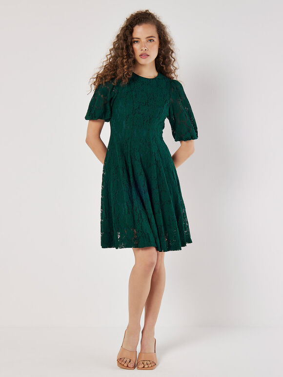 Floral Lace Skater Mini Dress, Green, large