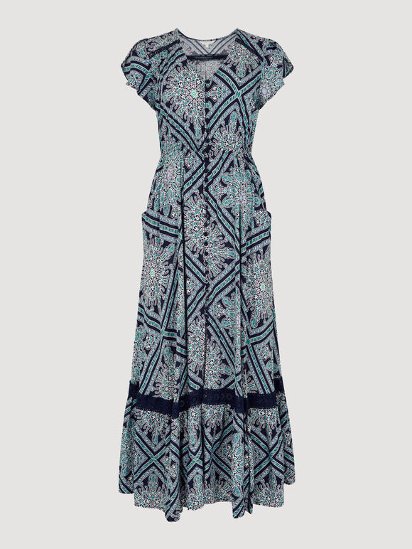 Scarf Print Crochet Detail Maxi Dress, Navy, large