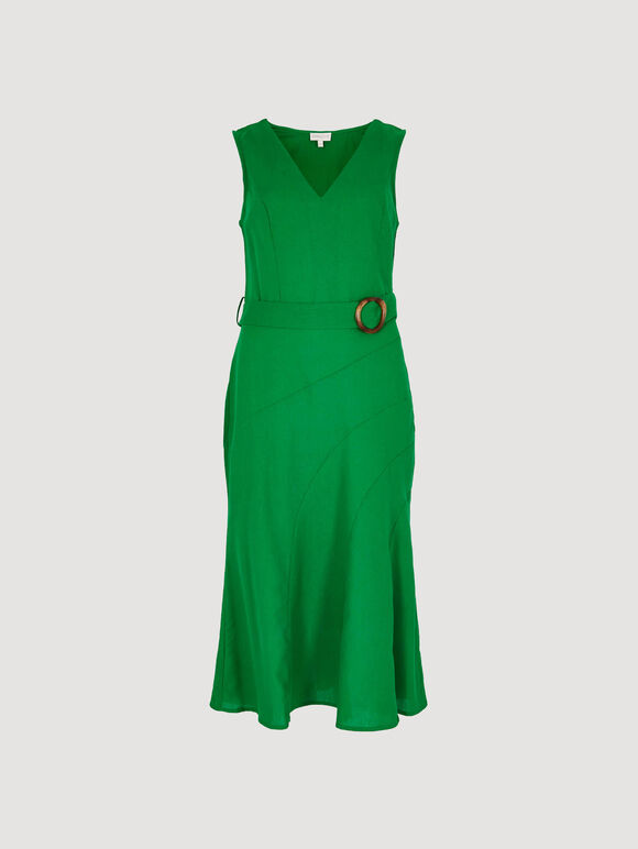 Linen Blend Belted Midi Dress, Green, large