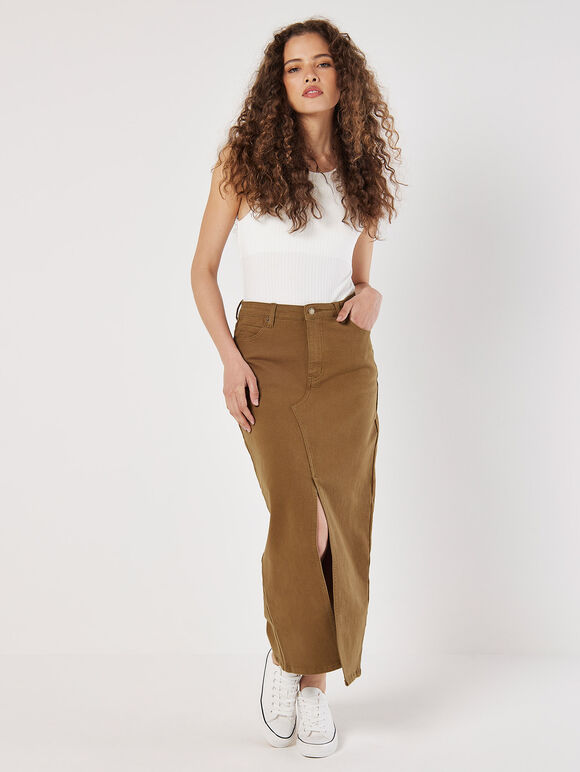 Front Split Denim Maxi Skirt, Brown, large