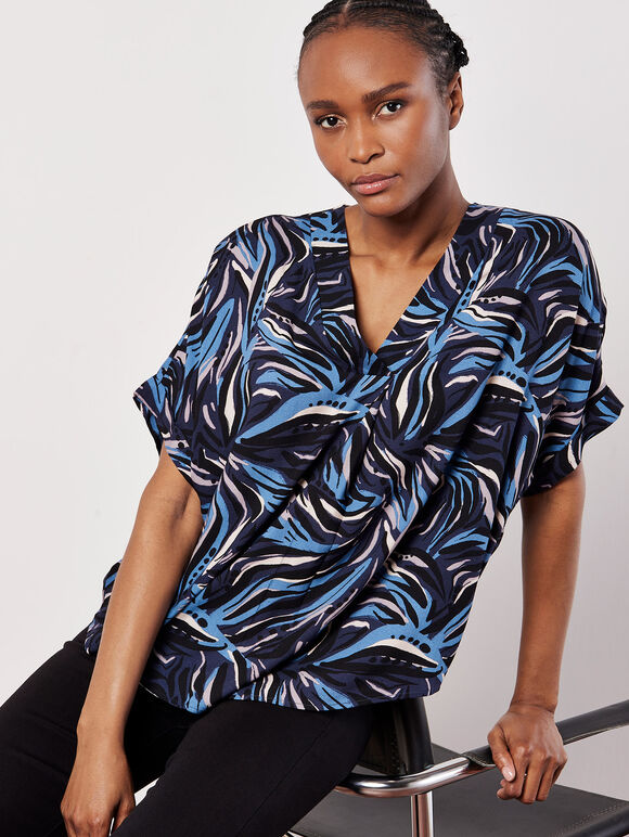 Abstract Print Pleat Blouse, Navy, large