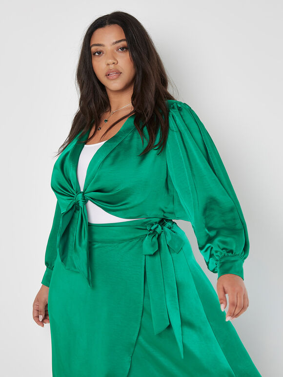 Curve Satin Tie Front Top, Green, large