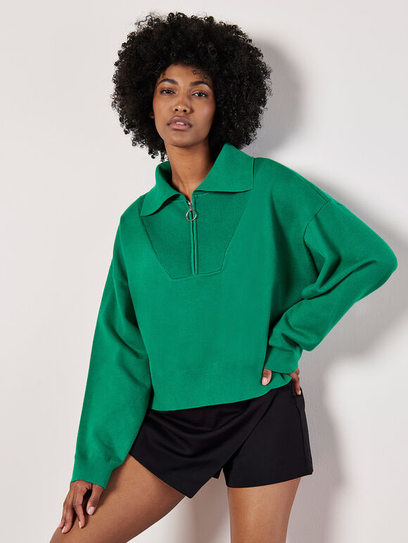 Cropped Zip Neck Sweatshirt, Green, large