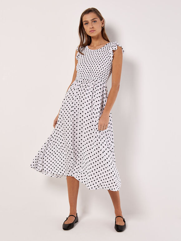 Polka Dot Smocked Midi Dress, White, large