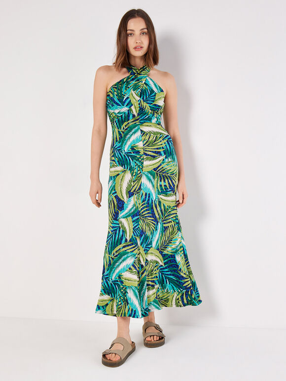 Painterly Tropical Jersey Maxi Dress, Blue, large