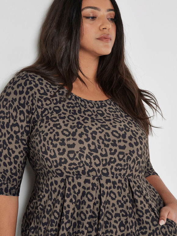 Curve Animal Print Tunic Midi Dress, Khaki, large