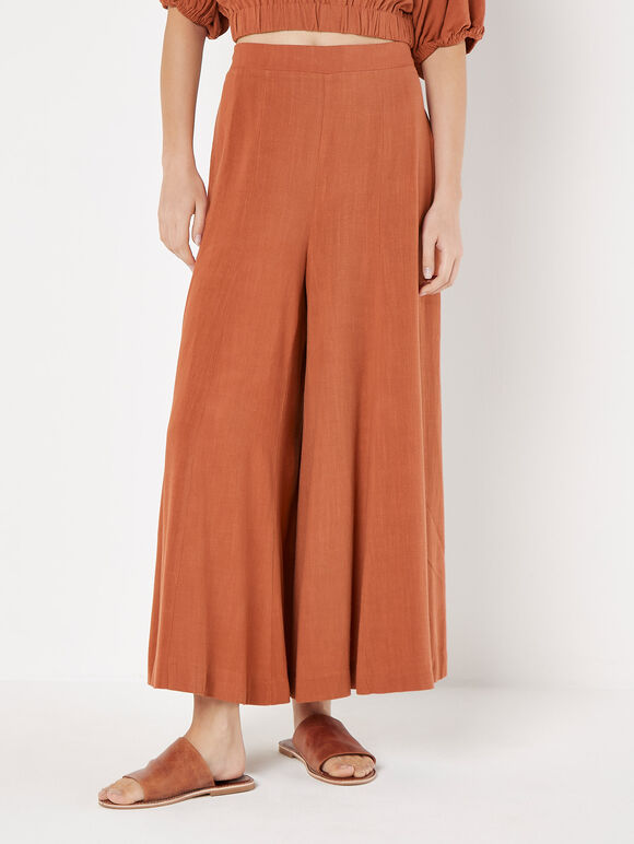 Linen Blend Palazzo Trousers, Rust, large