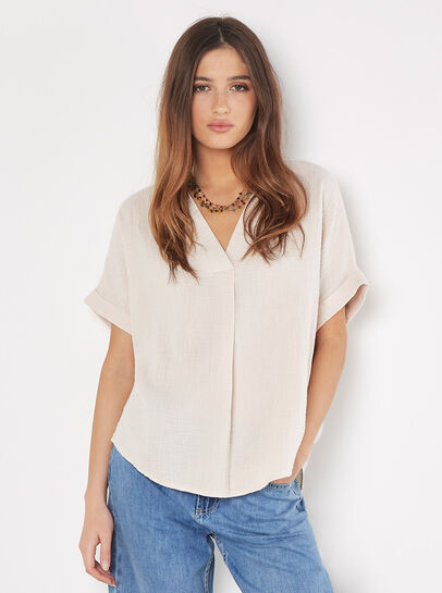 Textured Cotton Pleat Front Top