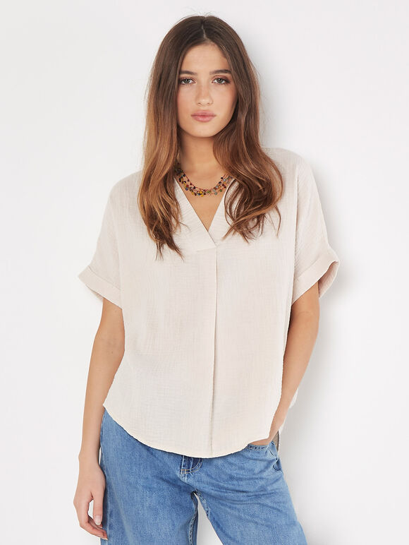 Textured Cotton Pleat Front Top, Stone, large
