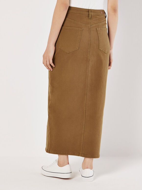 Front Split Denim Maxi Skirt, Brown, large