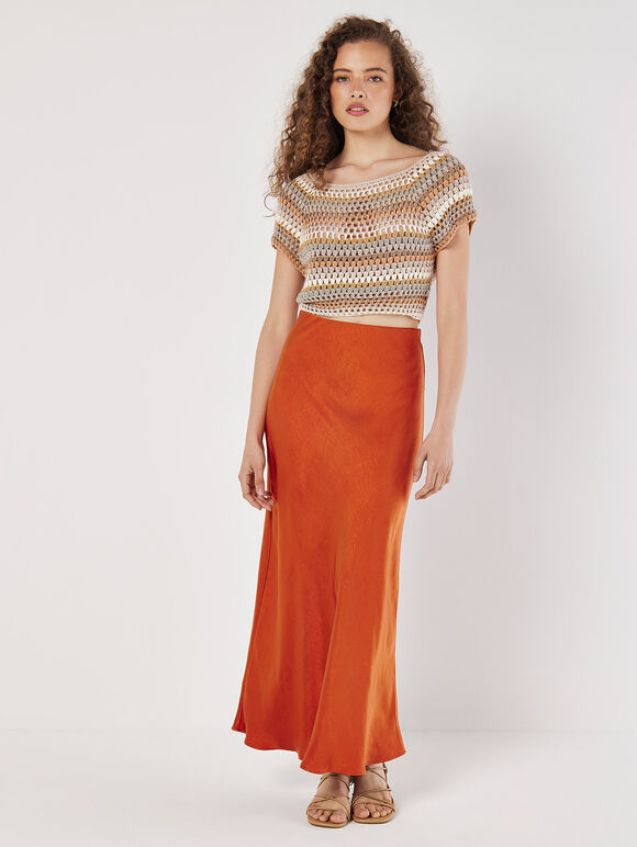 Satin Bias Midi Skirt, Orange, large