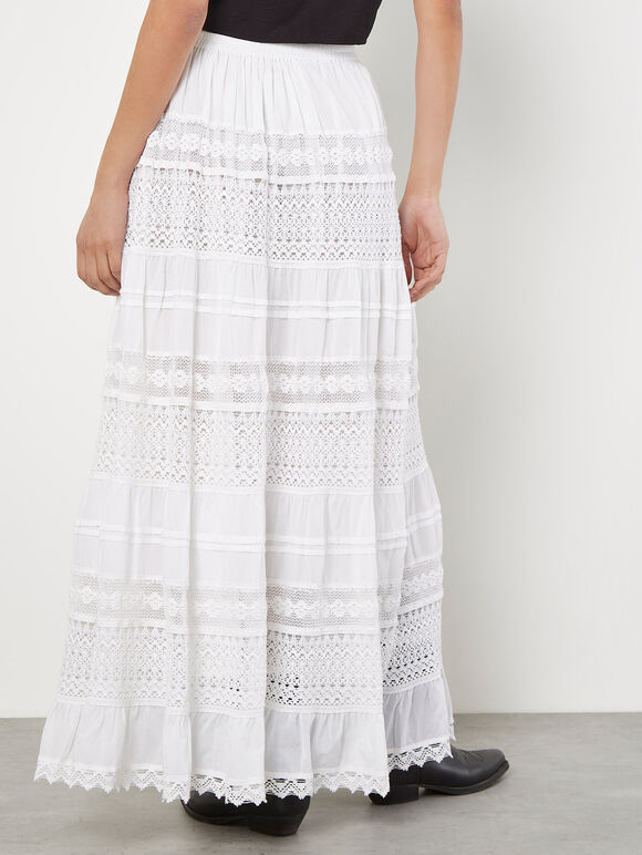 Cotton Crochet Lace Tiered Maxi Skirt, Cream, large