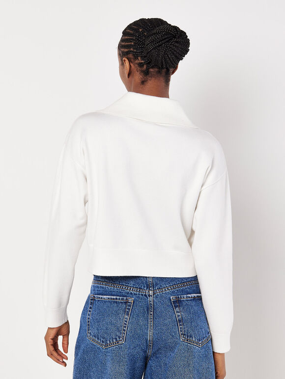 Cropped Zip Neck Sweatshirt, Cream, large