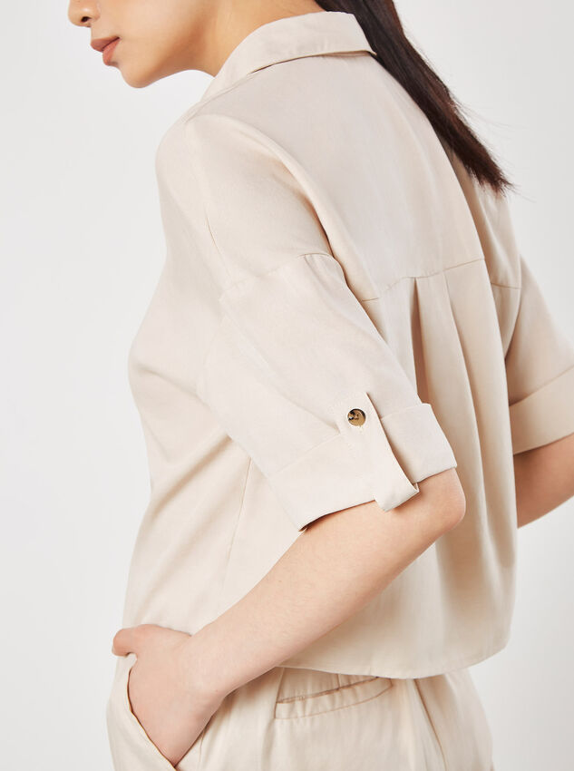 Woven Cropped Shirt, Stone, large