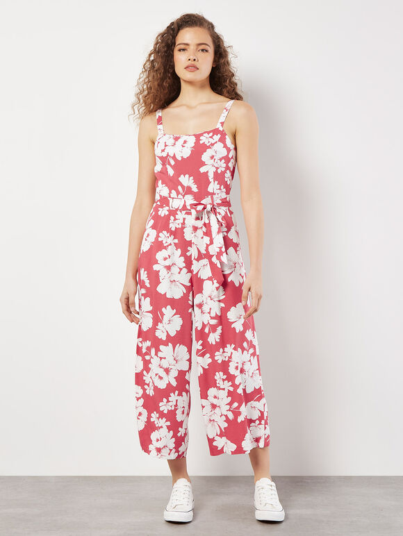 Floral Silhouette Wide-Leg Jumpsuit, Coral, large