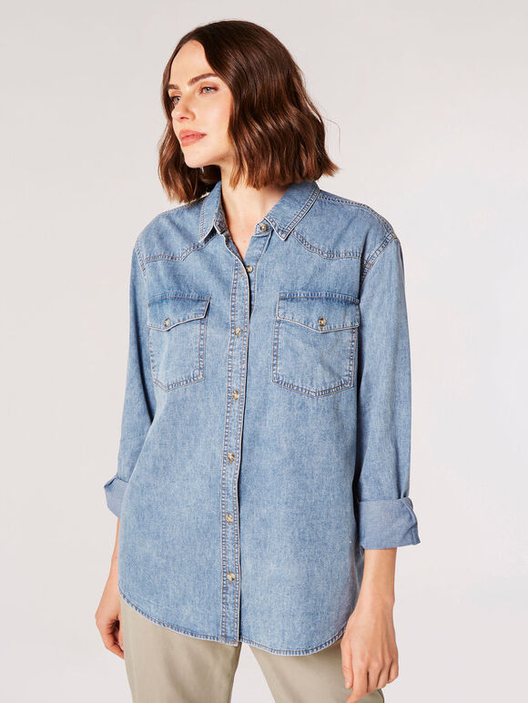 Oversized Cotton Denim Shirt, Blue, large