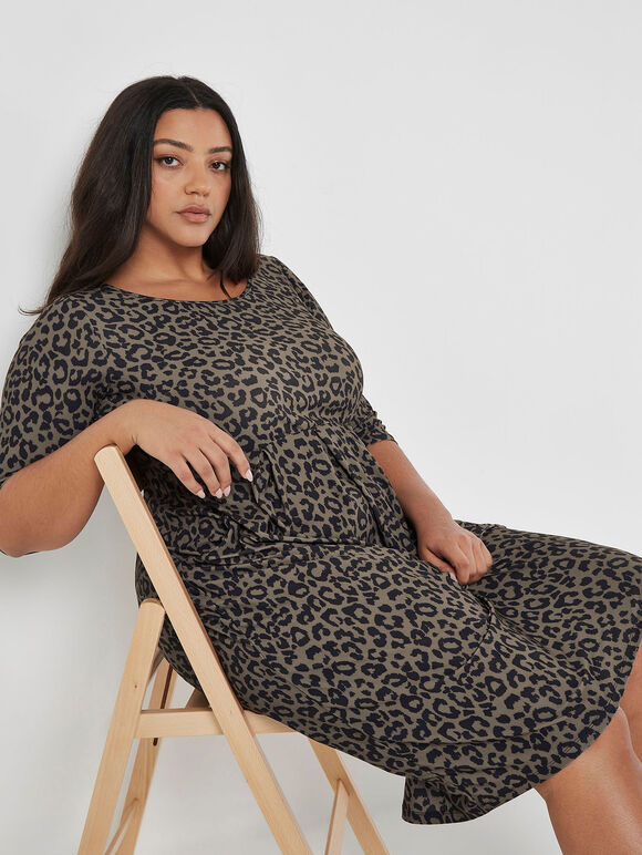 Curve Animal Print Tunic Midi Dress, Khaki, large