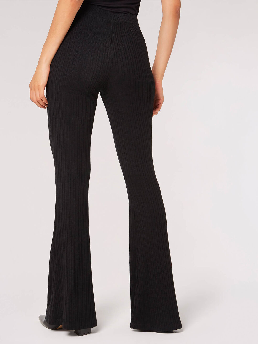 Black Shiny Ribbed Flare Trousers, Black, Compare
