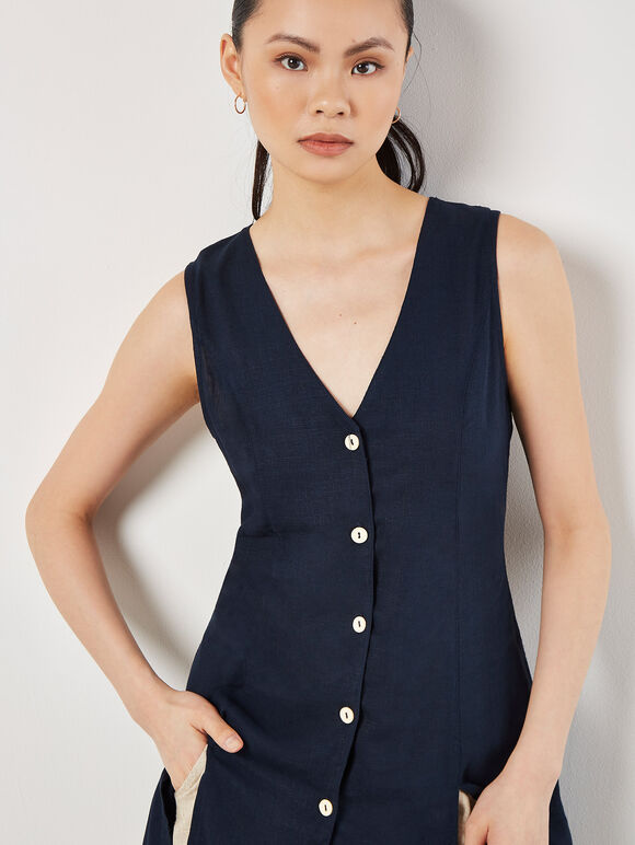 Linen Blend Longline Waistcoat, Navy, large