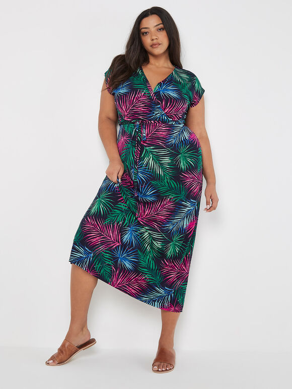 Curve Tropical Palm Wrap Maxi Dress, Navy, large