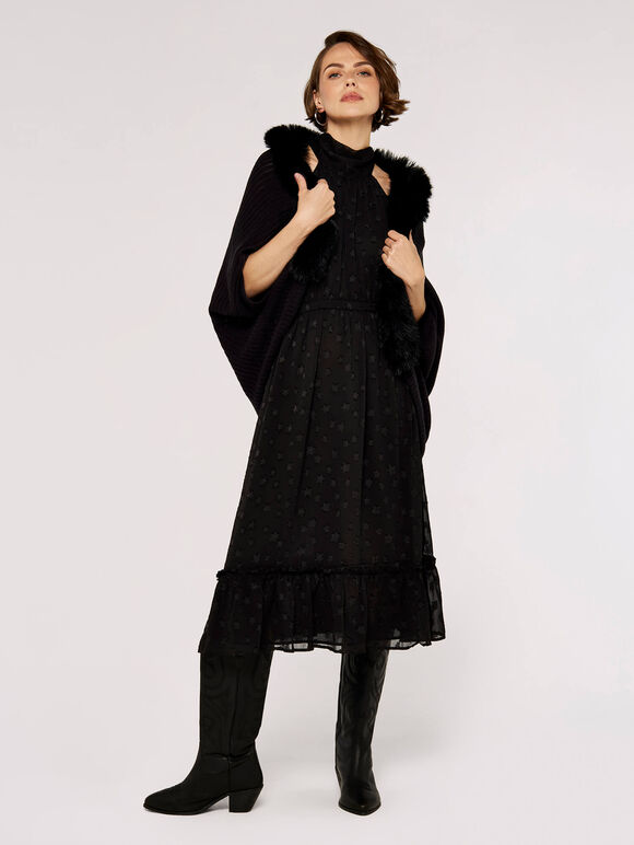 Faux Fur Trim Cocoon Shrug, Black, large