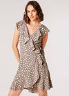 Painterly Dot Ruffle Wrap Mini Dress, Grey, large
