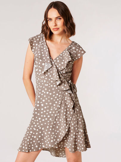 Painterly Dot Ruffle Wrap Mini Dress