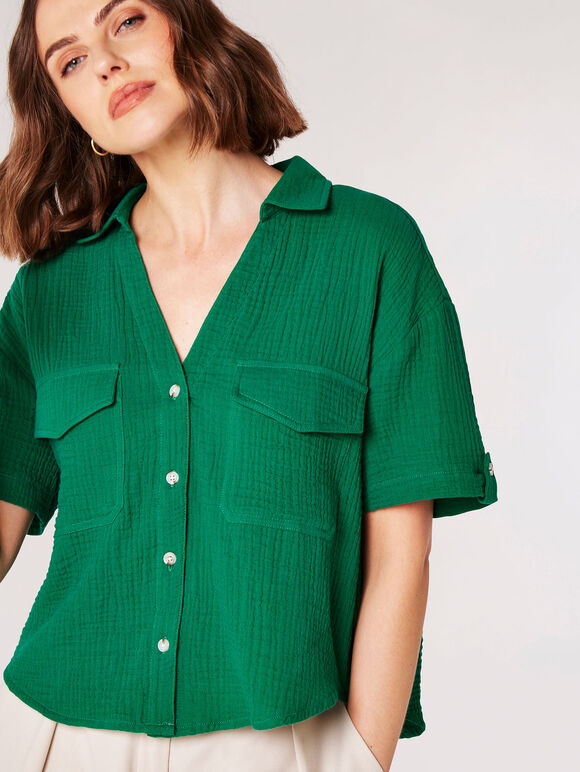 Textured Cotton Boxy Shirt, Green, large