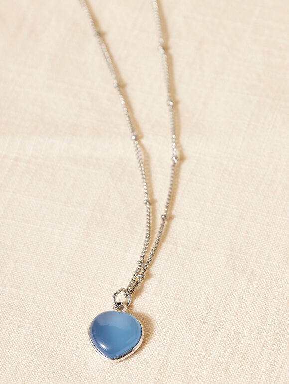 Silver Tone Blue Stone Heart Necklace, Blue, large