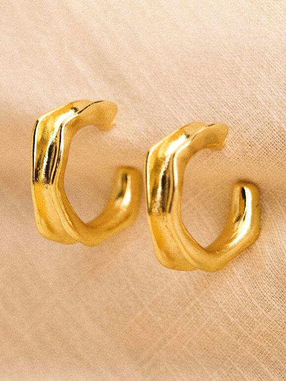 24K Gold Plated Curved Hoop Earrings, Gold, large