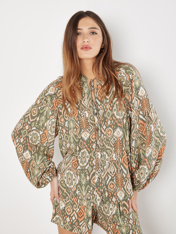 Ikat Print Oversized Blouse & Shorts Co-ord, , large